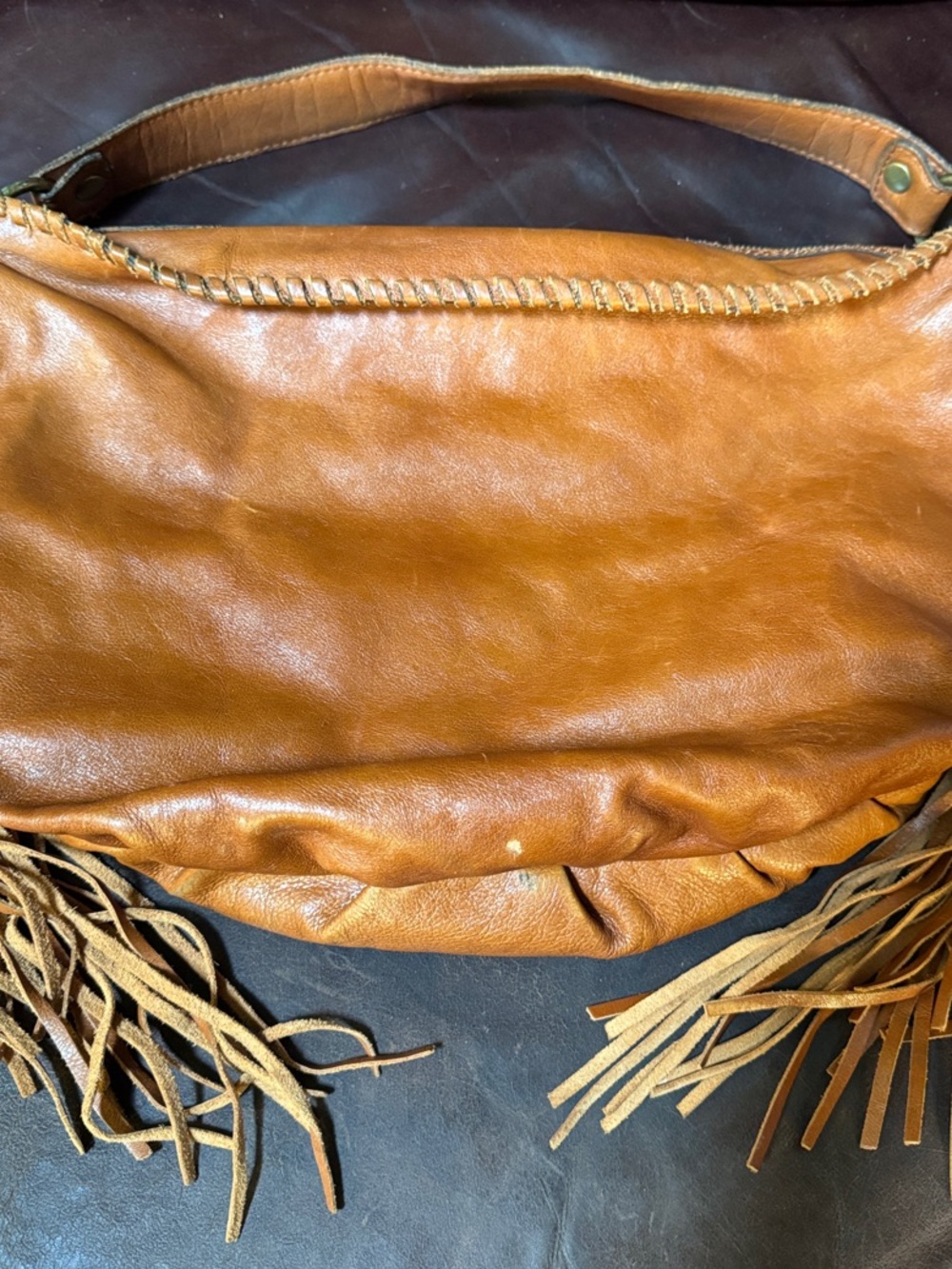 Patricia Nash Cognac Leather Fringe Hobo Bag